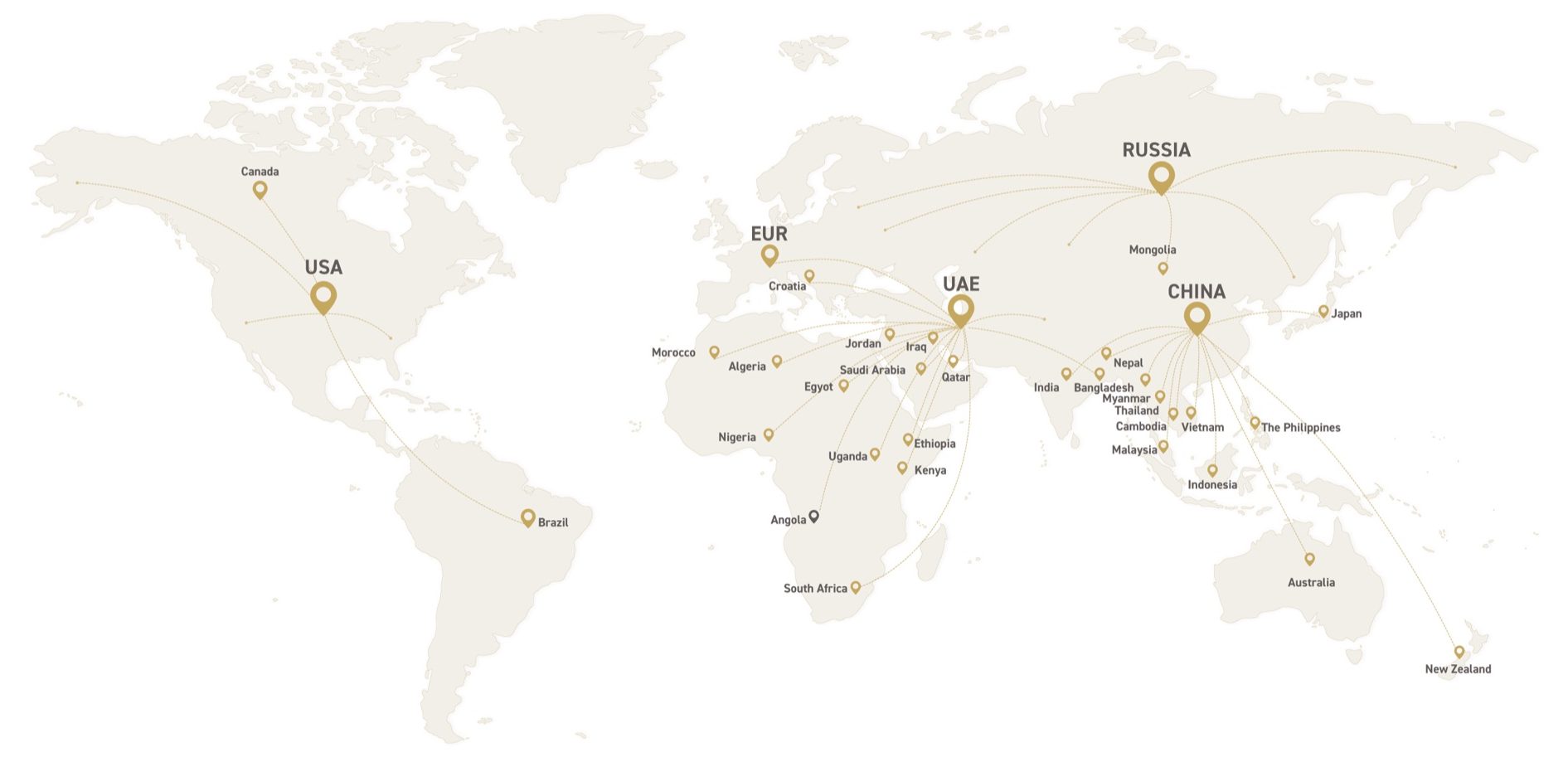 JOMOOの世界の拠点を示す地図。中国、UAE、ロシア、欧州、アメリカを中心に120を超える国と地域に展開しています。